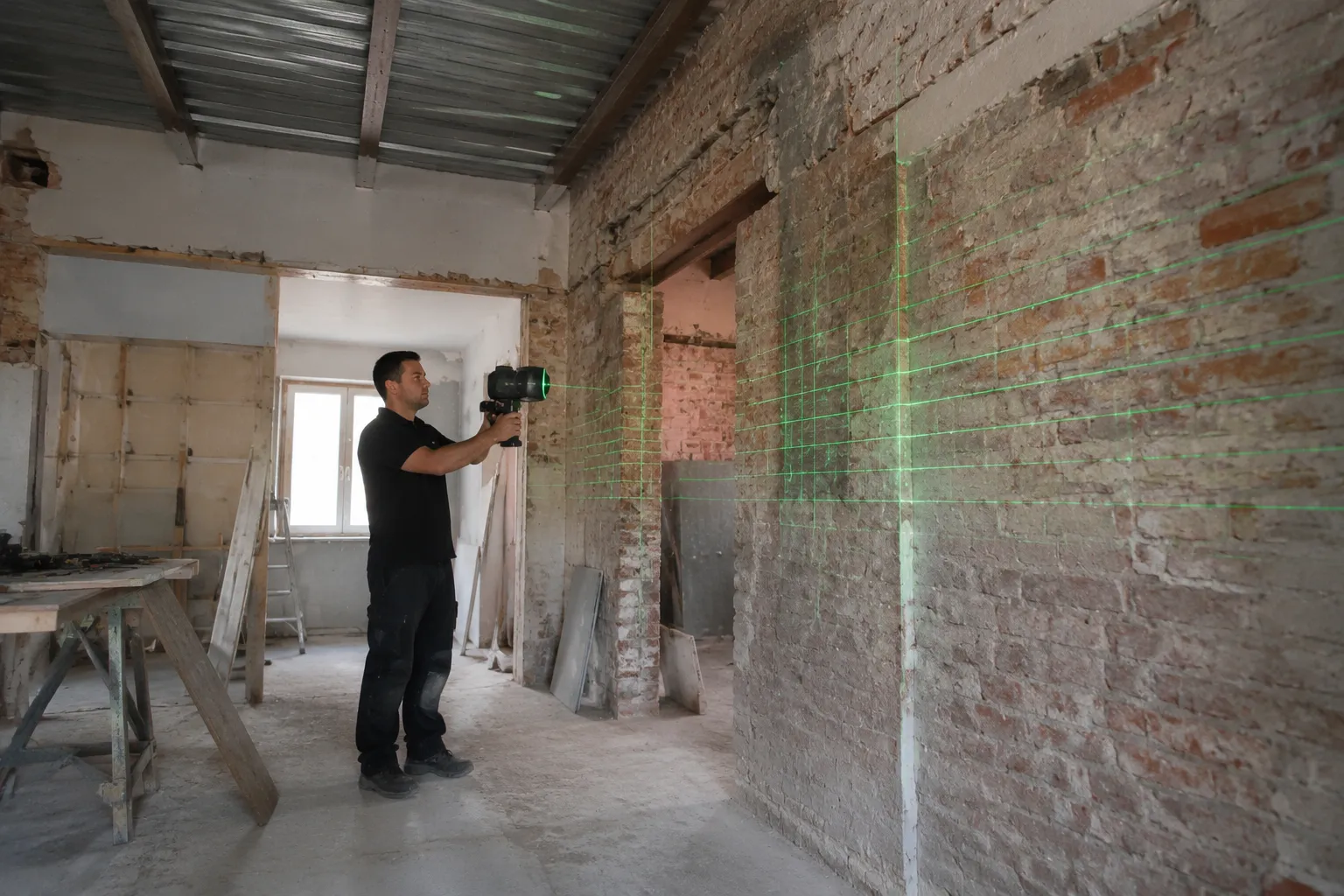Scan 3D sur mur en briques avant travaux de rénovation, photographe en intérieur.