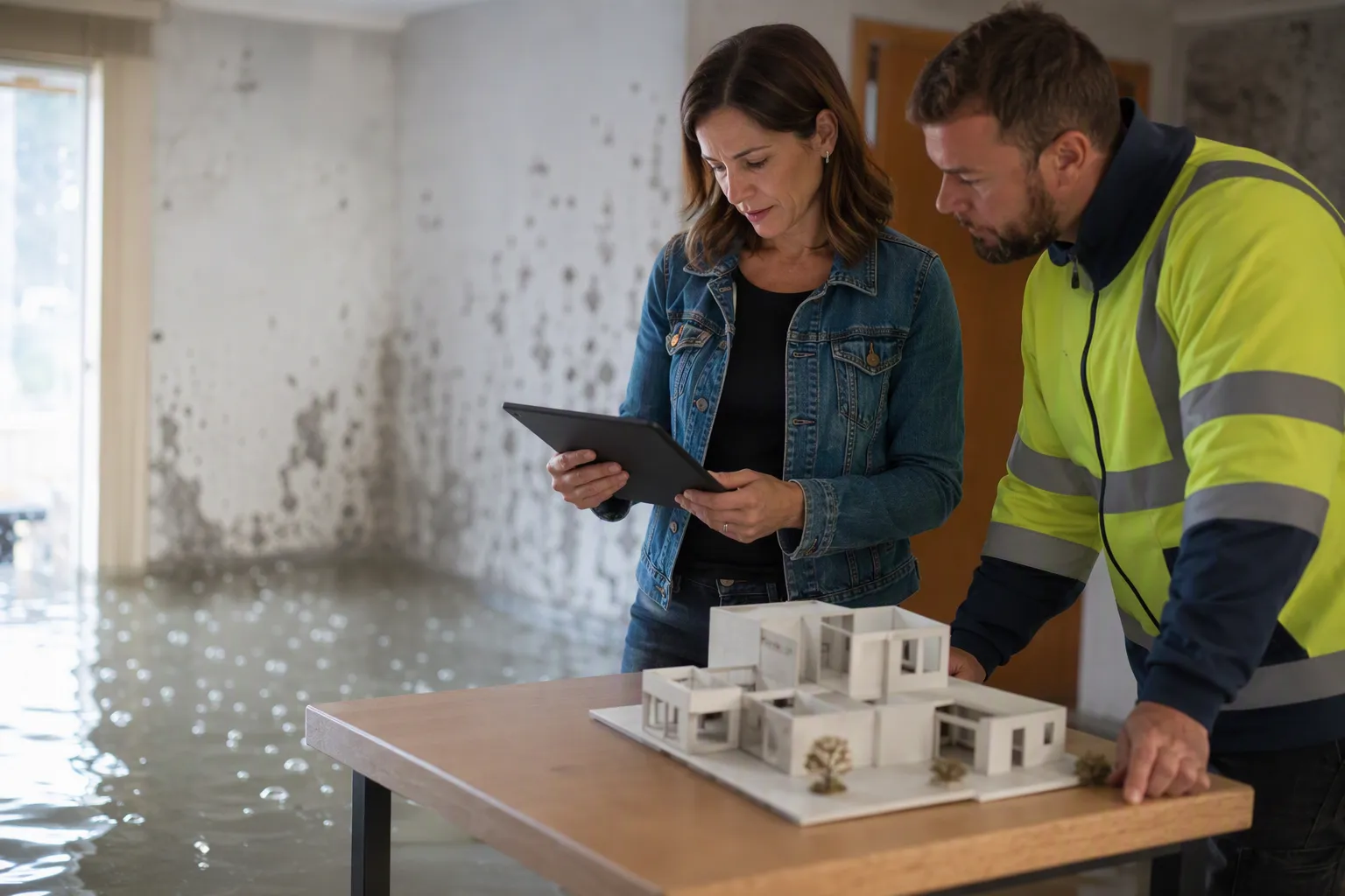 Inspectrice d'assurance examinate 3D modèle d'un bâtiment, assistant en combinaison, scène photoréalisée avec bokeh.