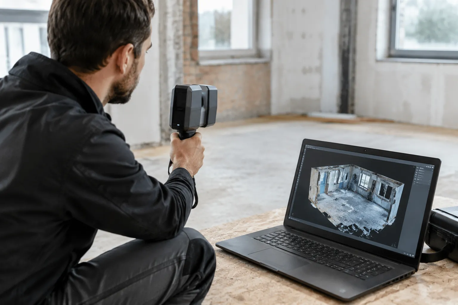 Architecte scanneur laser sur plan de chantier, modélisation 3D visible.