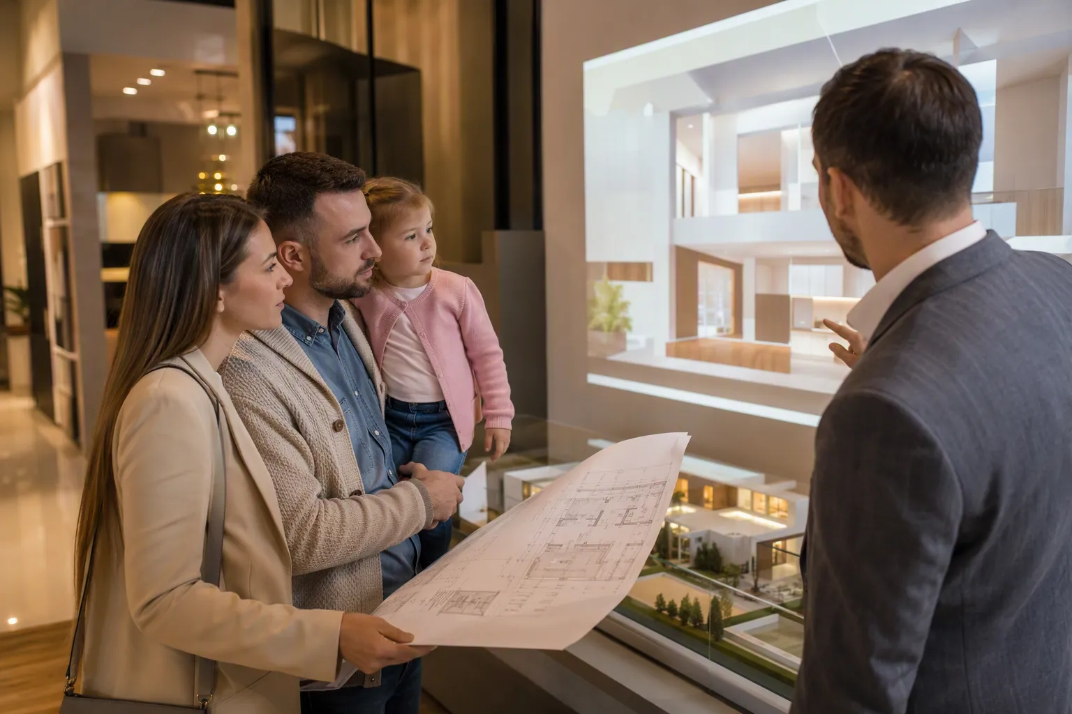 Famille découvrant un modèle 3D d’un programme immobilier neuf en showroom.