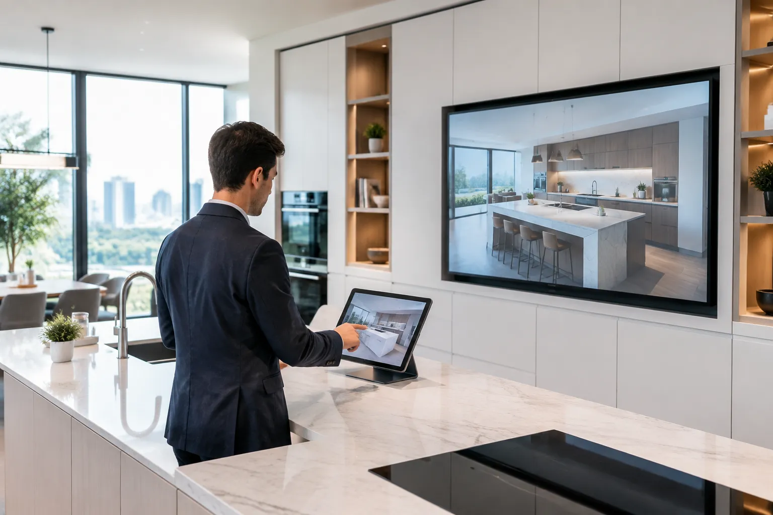 Photographie d’un showroom de cuisine digitalisé, affichage 3‑D sur tablette, éclairage naturel, décor contemporain.