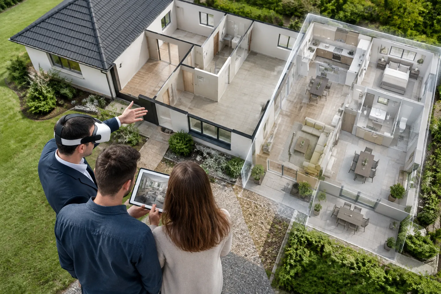Agent immobilier utilise une tablette VR pour montrer un état des lieux 3D d’une maison, avec murs intérieurs visibles.