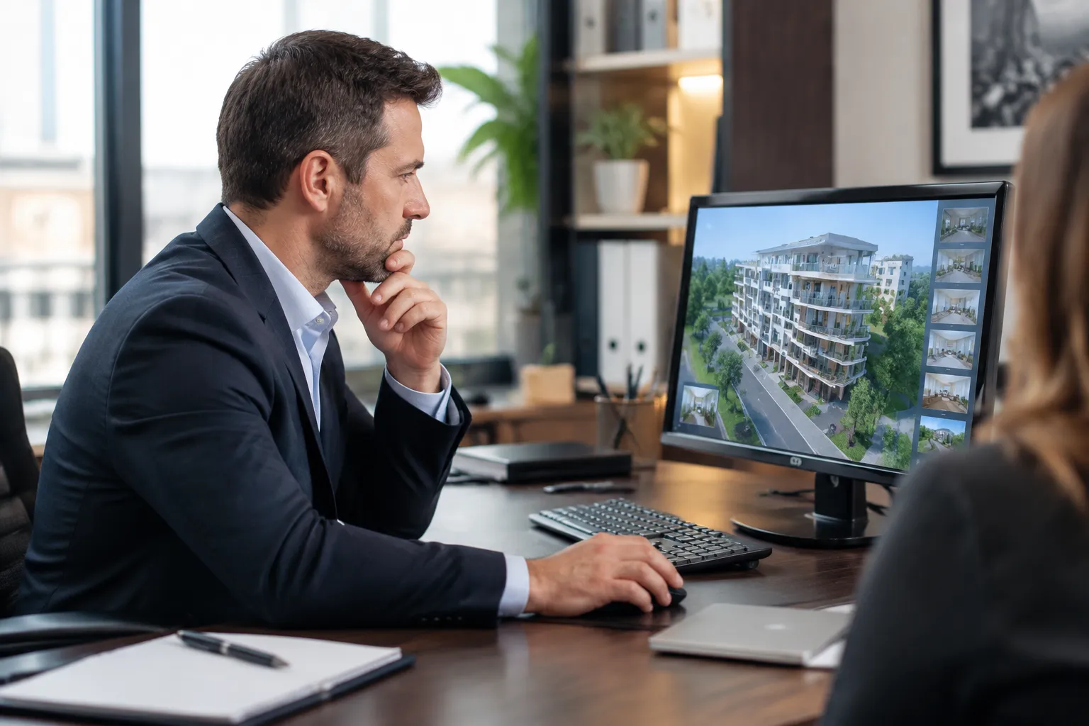 Syndic de copropriété examiné une visite virtuelle 3D d’un immeuble sur un ordinateur.