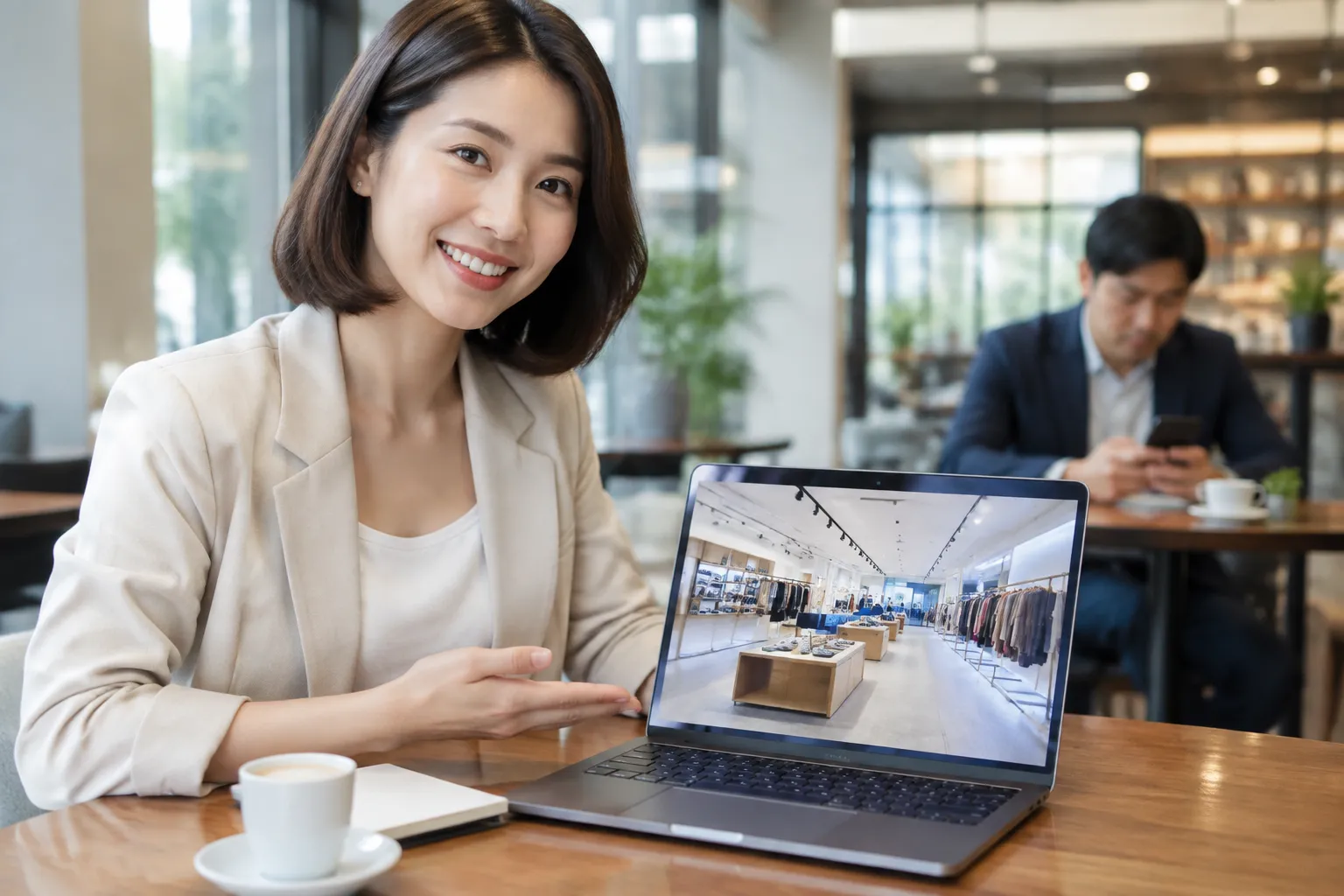 Franchise en visite virtuelle, client observe à distance une boutique.
