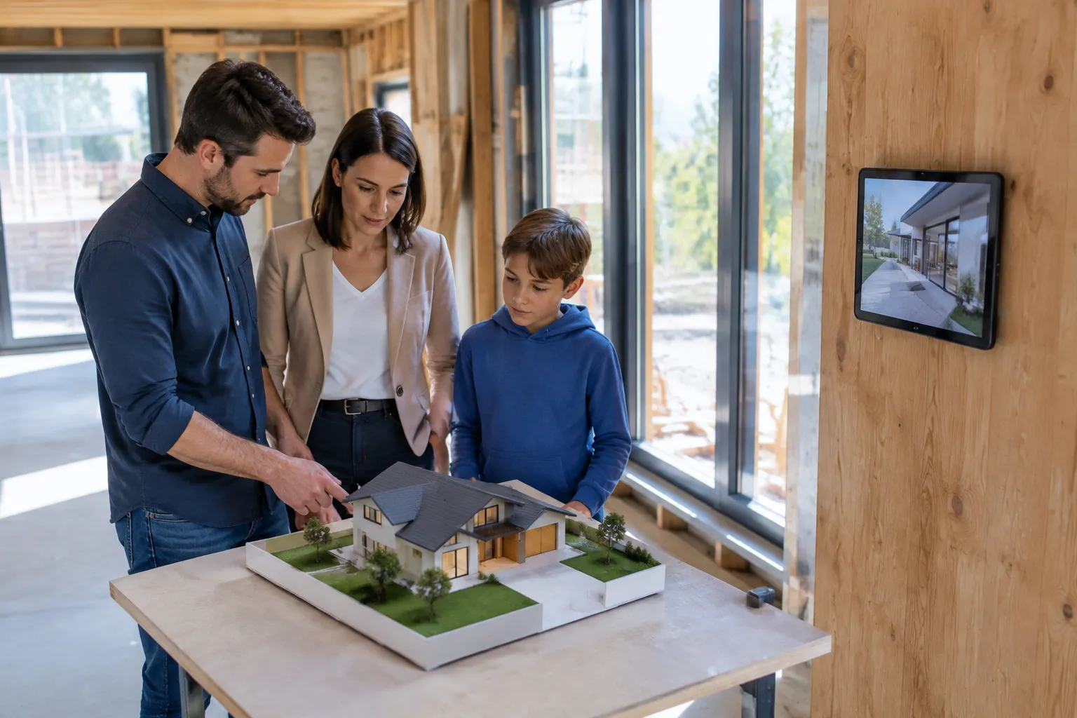 Famille discutant devant modèle 3D et tablette de visite virtuelle dans un chantier neuf.