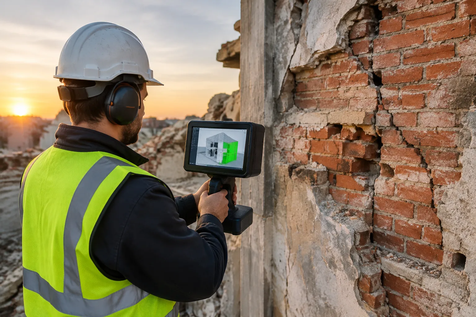 Technicien de rénovation inspecte un mur avec un scanner 3D et modèle BIM, éclairage naturel.