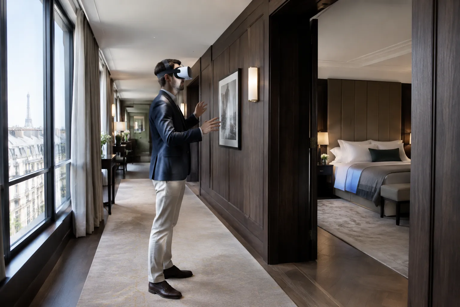 Hôtel parisien moderne, couloir éclairé, client avec casque VR explorant la chambre en réalité virtuelle.