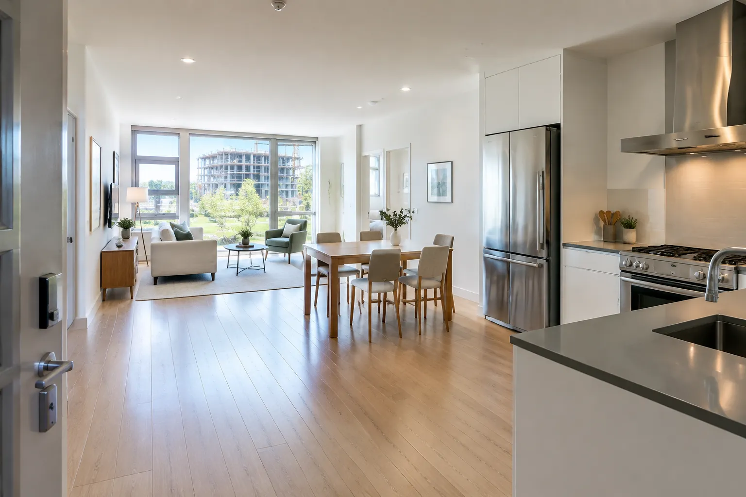 Appartement témoin moderne avec parquet, cuisine inox et vue sur jardin, prise en grand angle photoréaliste.
