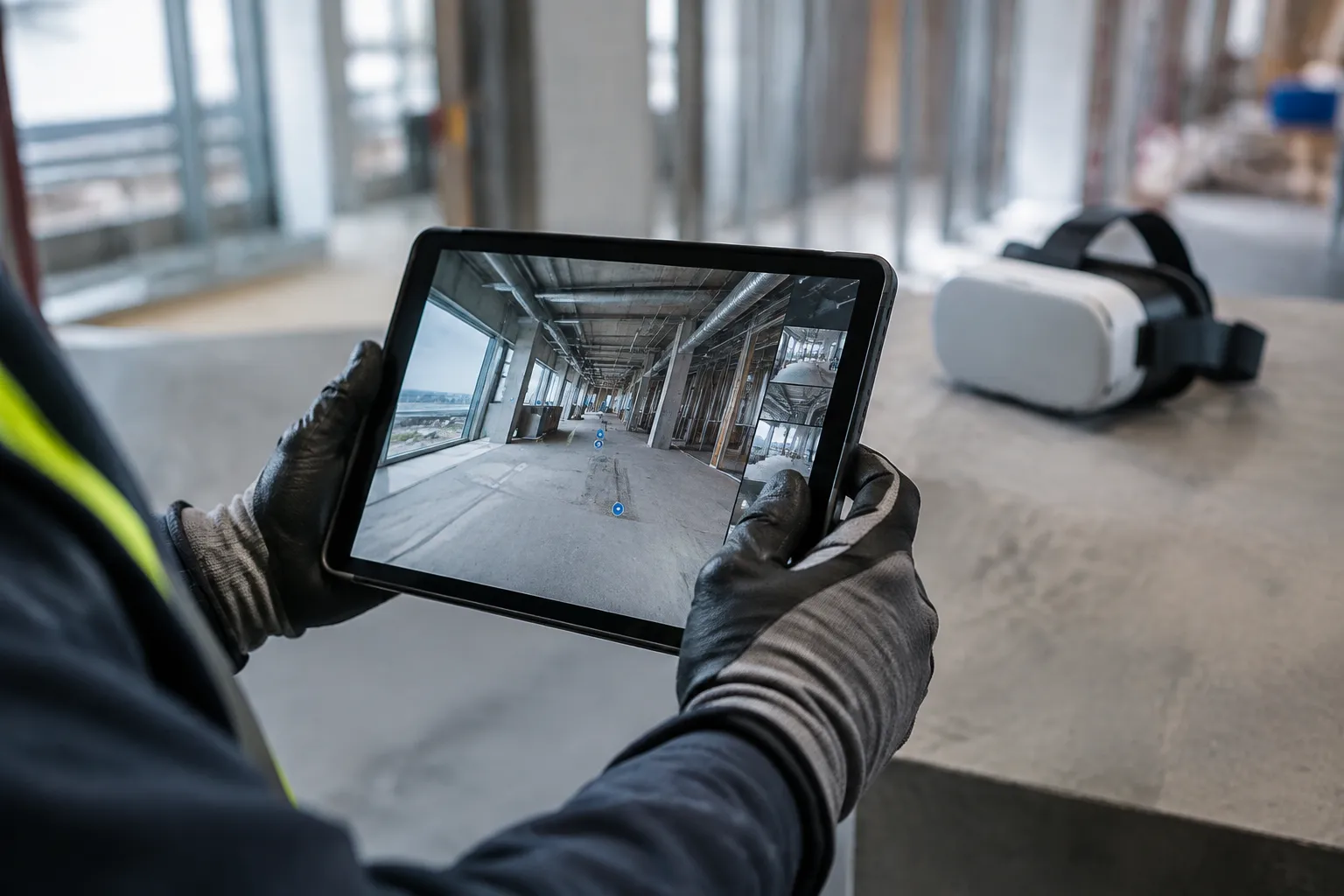 Main gantée tenant une tablette affichant une visite virtuelle de chantier.