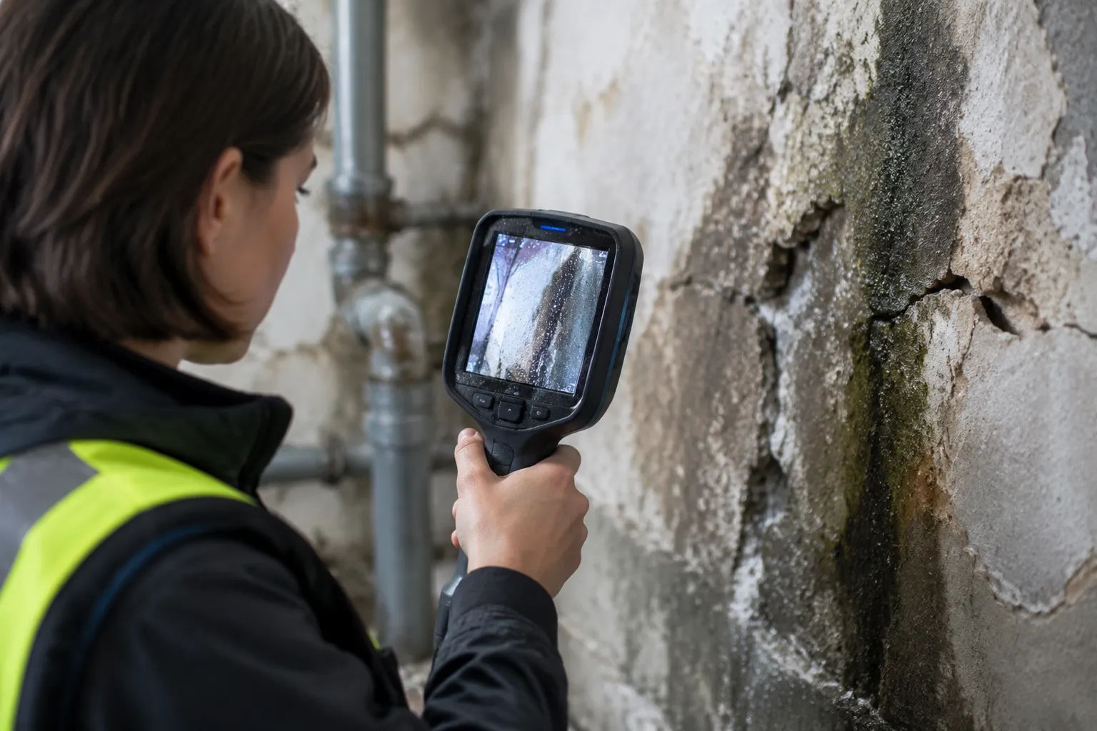 Main tenant un scanner 3D devant un mur endommagé par l’eau, arrière‑plan flou.