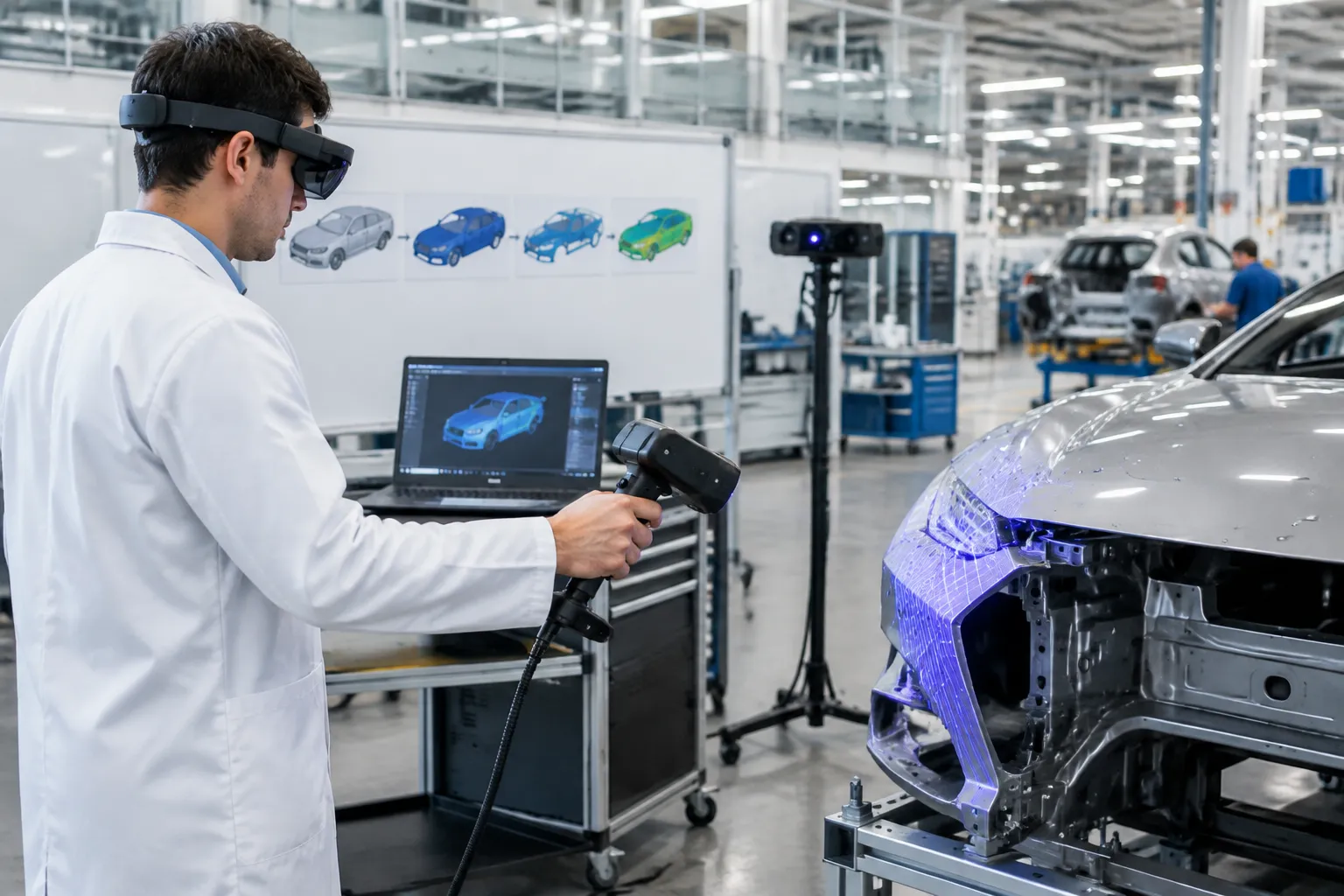 Ingénieur scanne une voiture en 3D sur un plateau industriel, illustrant les étapes du processus.