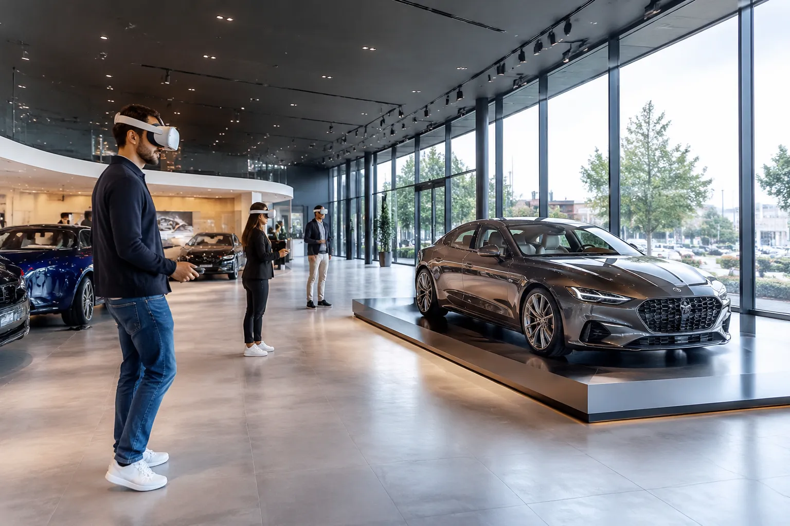 Showroom automobile français digitalisé, visiteurs VR explorent la vitrine luxueuse.