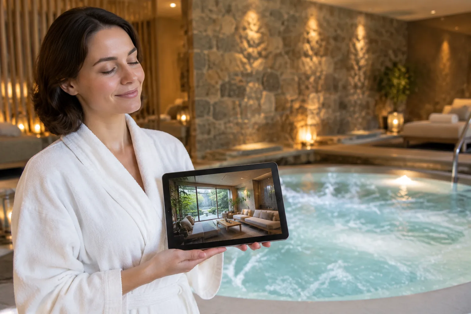 Femme en tenue de spa devant bain à remous, tenant une tablette montrant une visite virtuelle de l'hôtel.
