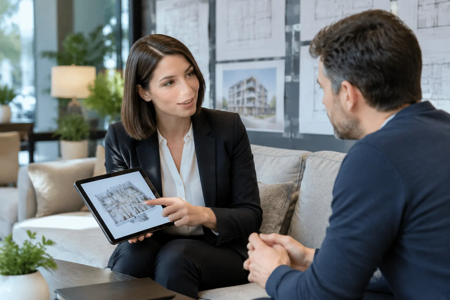 Architecte immobilière présente un plan numérique à un client dans un salon moderne.
