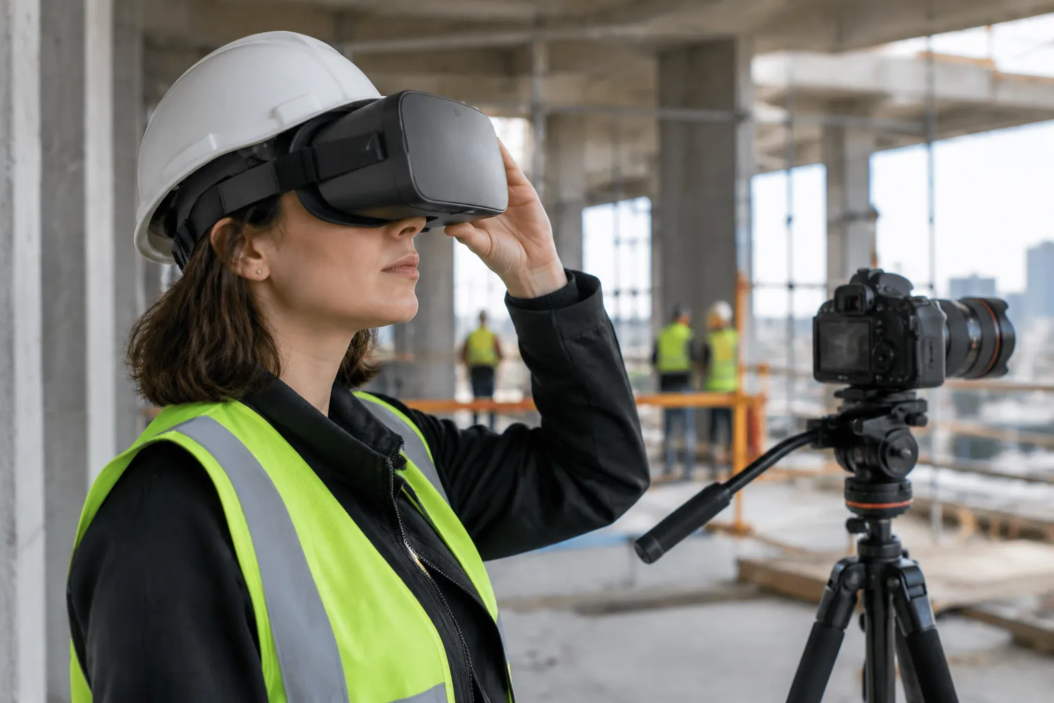 Photographe tient casque Matterport sur chantier, caméra capture scène en construction, ambiance chaleureuse.
