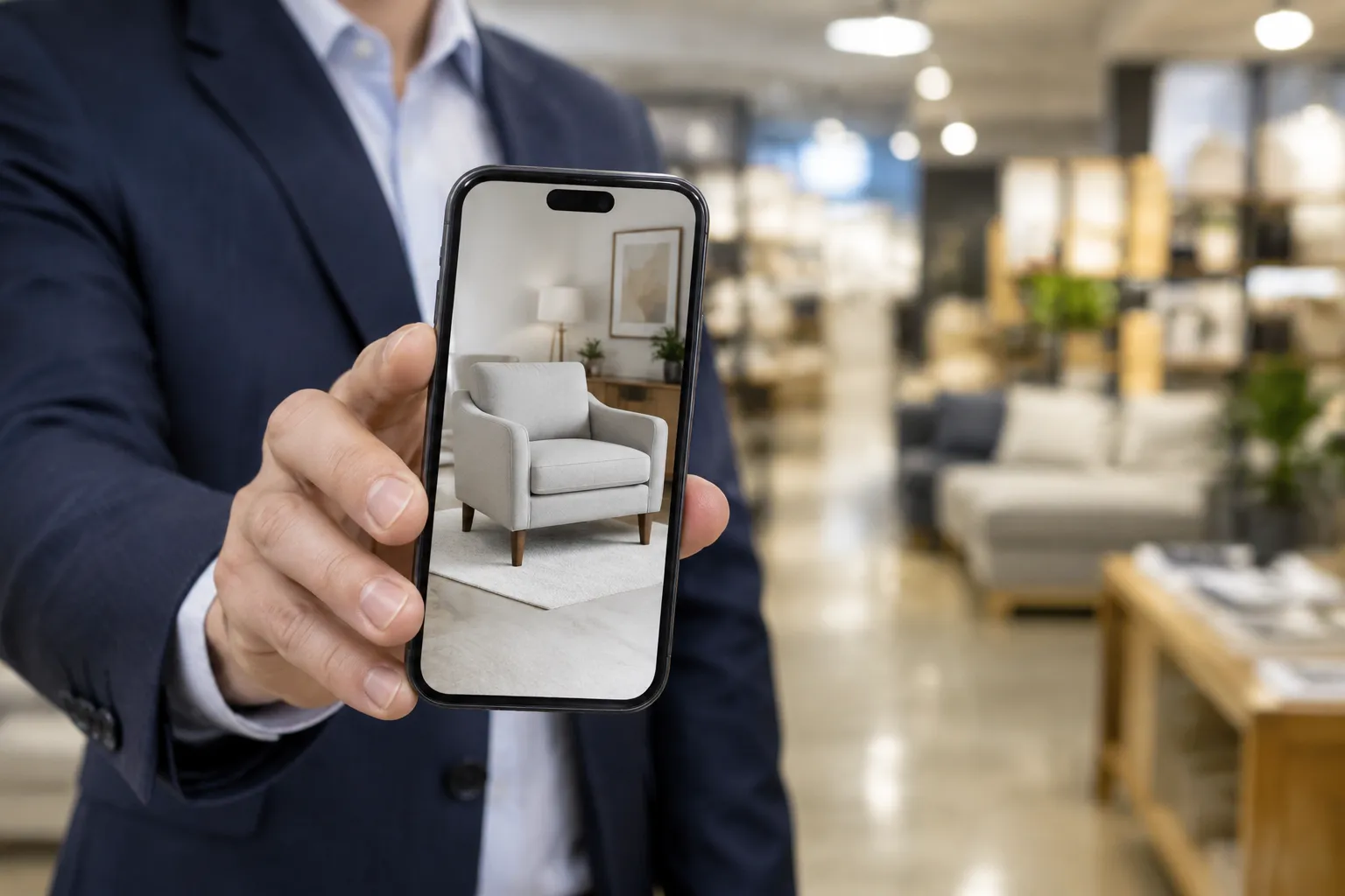 Smartphone montrant une visite virtuelle d’un showroom, main de marchand, ambiance de magasin.