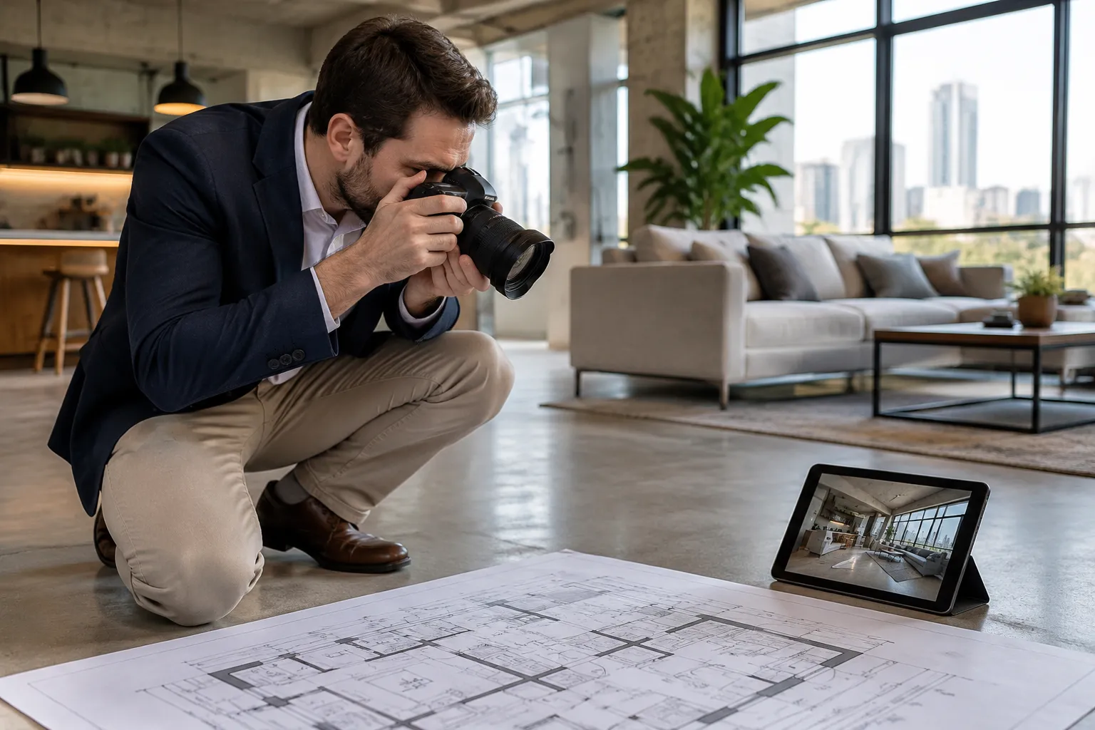 Inspecteur d’assurance comparant une visite virtuelle à une expertise physique sur un loft moderne.