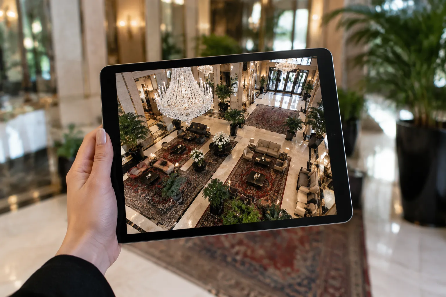 Main tenant une tablette affichant une visite virtuelle d'hôtel luxueux, fond flou.