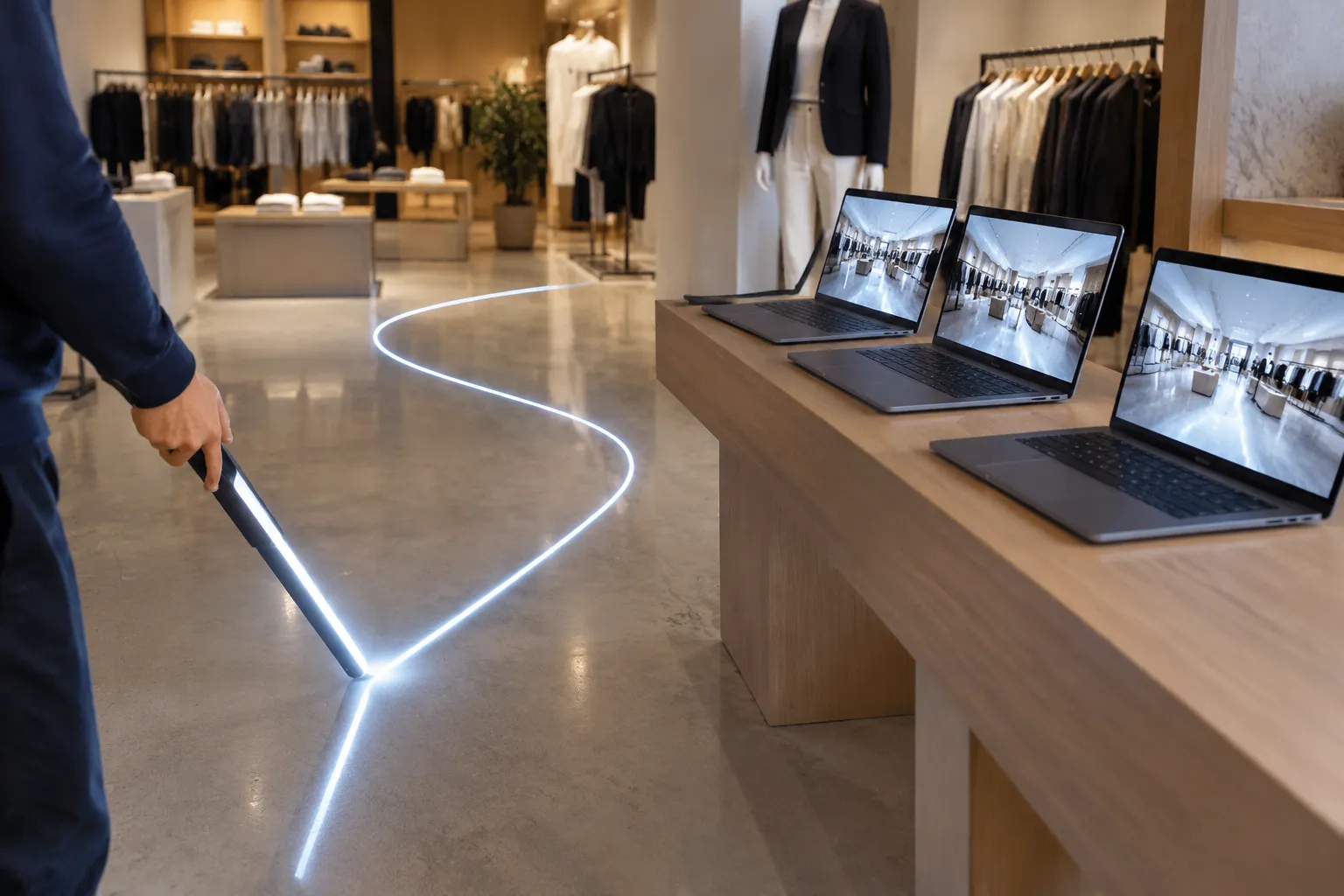 Main traçant un chemin de LED sur le sol d’un magasin, montrant la visite virtuelle d’inauguration.