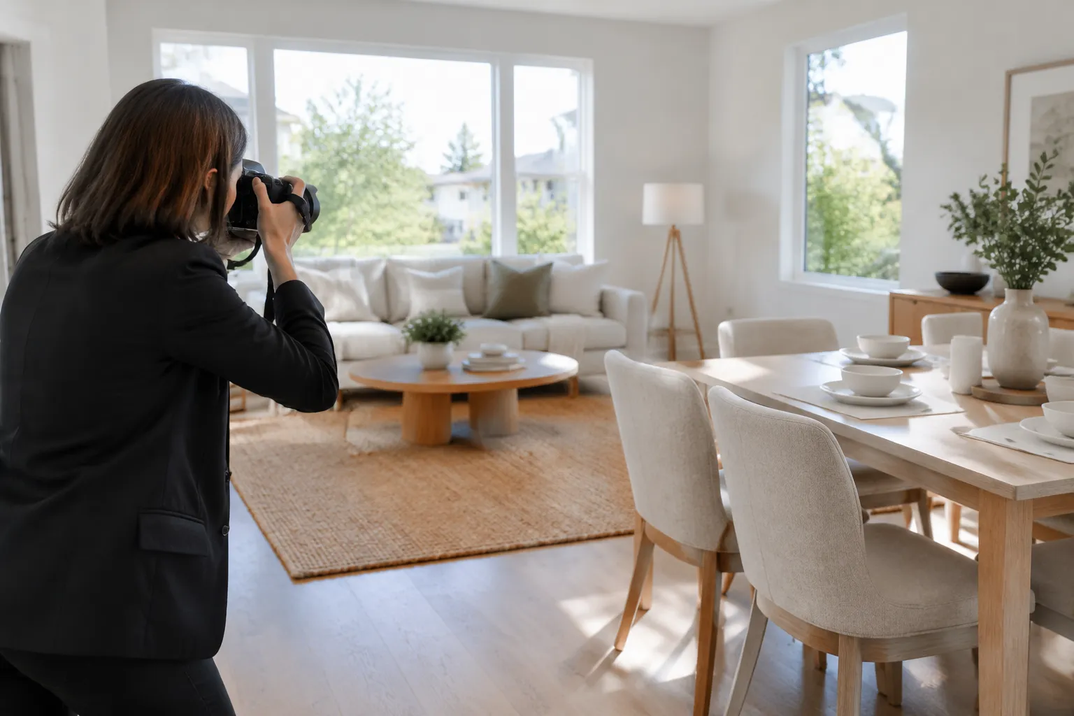 Photographe immobilière professionnelle prend une photo de salon moderne éclairé naturellement, comparant valeur à prix de ve