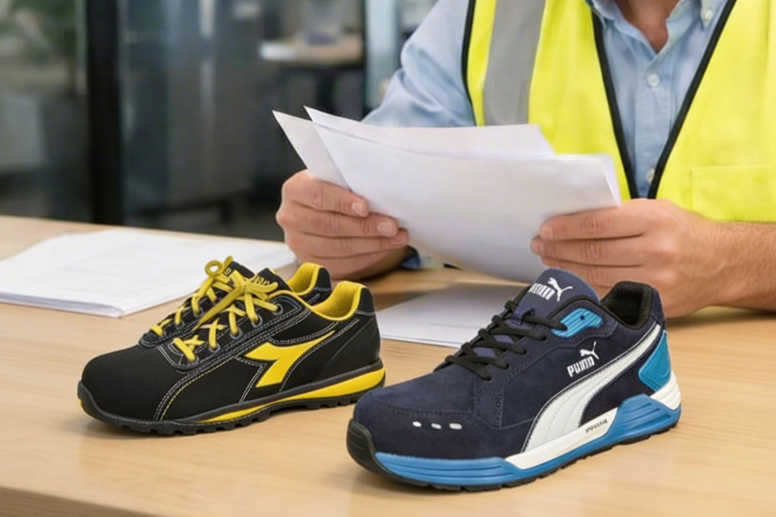 Photo réaliste montrant un responsable sécurité dans un bureau moderne, examinant des documents d'audit et rapports d'accidents. Sur le bureau: paires de chaussures de sécurité S1P et S3 côte à côte pour comparaison, classeurs de conformité DUER, ordinateur affichant statistiques d'accidents. Ambiance professionnelle sérieuse, lumière de bureau naturelle, focus sur l'analyse comparative des équipements. Aucun texte visible, photo ultra nette, couleurs sobres gris et bleu.