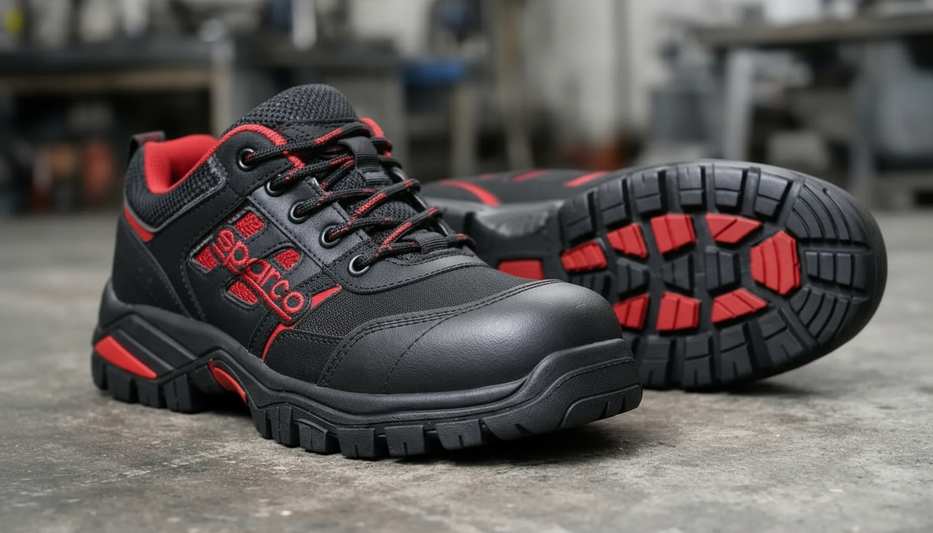 Close-up photograph of modern black and red safety sneakers with sporty racing design on industrial concrete floor, showing reinforced toe cap, athletic sole with deep grooves, and professional workshop environment in soft focus background. Realistic lighting emphasizing technical details and protective features without any text or logos visible.