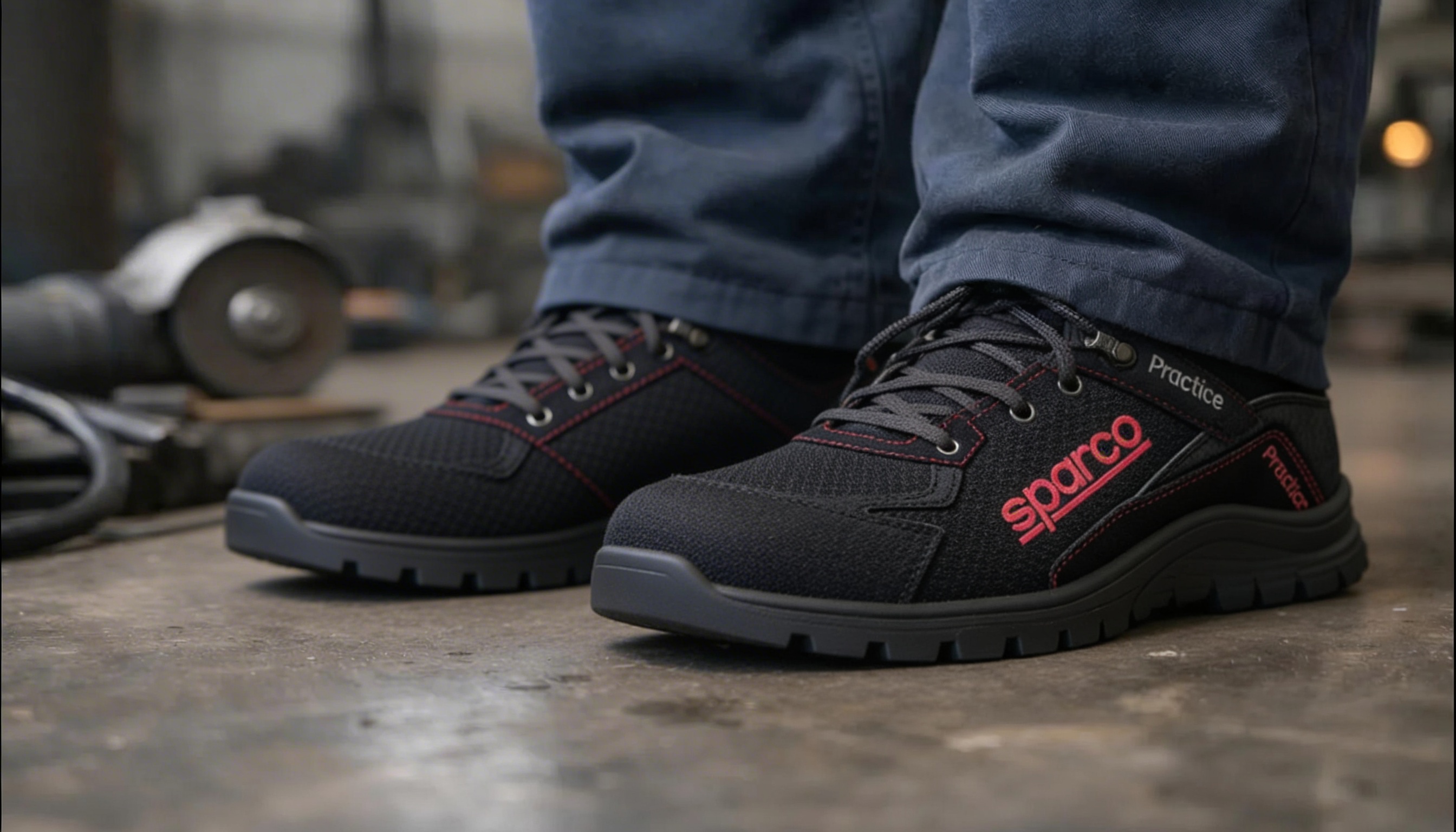 Sturdy, black work boots with thick soles on a concrete floor.