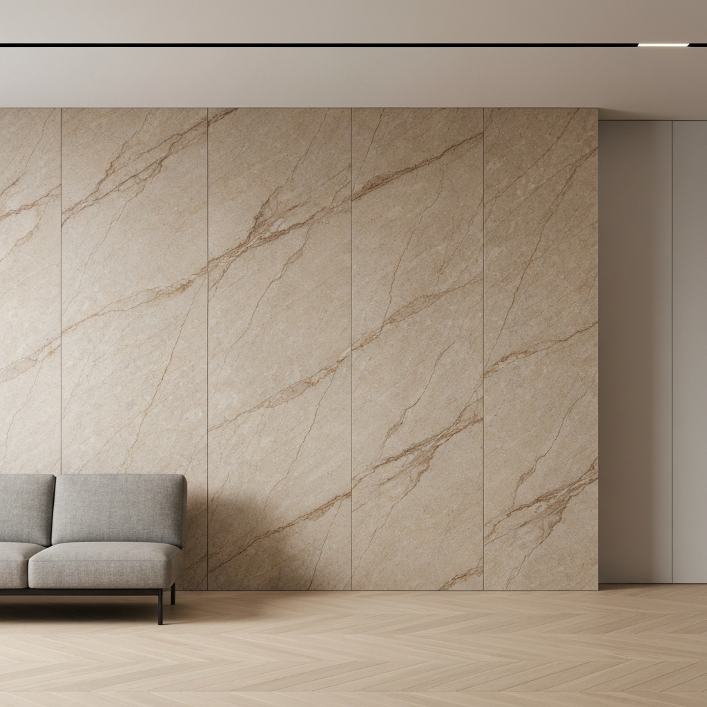 Close-up photograph of a luxury interior wall featuring custom-cut natural stone panels with visible grain patterns and textures, showing marble or granite slabs installed seamlessly in a modern Swiss living room with warm lighting highlighting the stone's natural veining, no text or labels visible