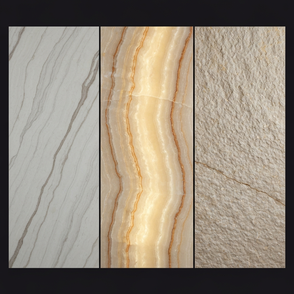 Modern luxury living room interior showcasing three distinct natural stone wall panels side by side: matte marble finish on left, glossy polished onyx in center reflecting ambient light, and textured 3D stone surface on right, professional interior photography, no text or labels