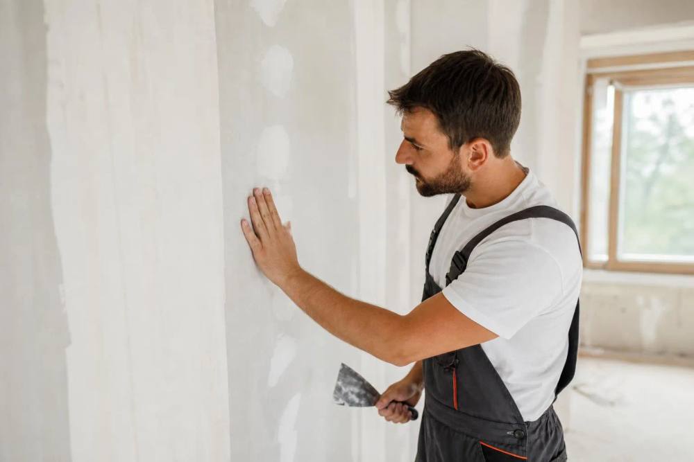 Homme en tenue de travail appliquant du plâtre sur un mur.