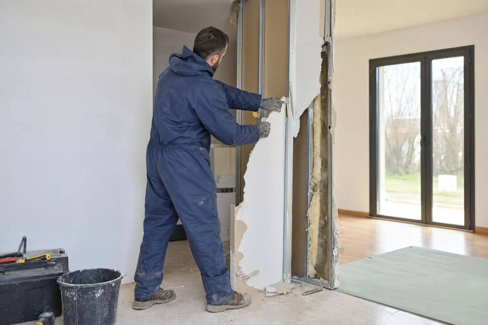 Homme en combinaison bleue rénovant un mur intérieur.