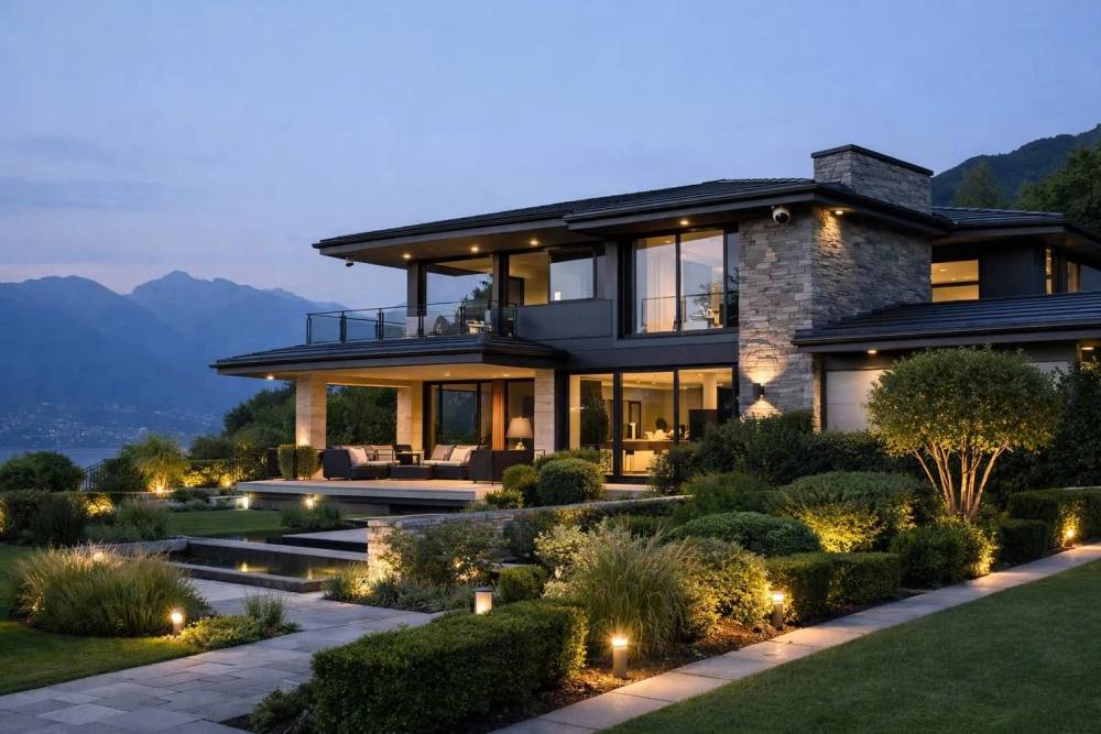 Villa de luxe suisse élégante avec caméras de sécurité modernes intégrées, éclairage périphérique subtil, propriété haut de gamme avec éléments de protection raffinés.