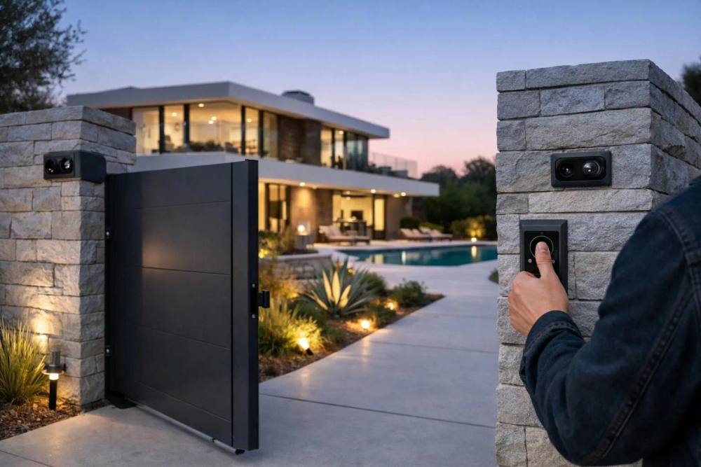 Entrée de propriété de luxe avec sécurité discrète, portail automatisé avec lecteur biométrique caché, caméras thermiques subtiles intégrées dans les piliers en pierre, éclairage architectural discret éclairant l'allée paysagée au crépuscule, villa moderne en arrière