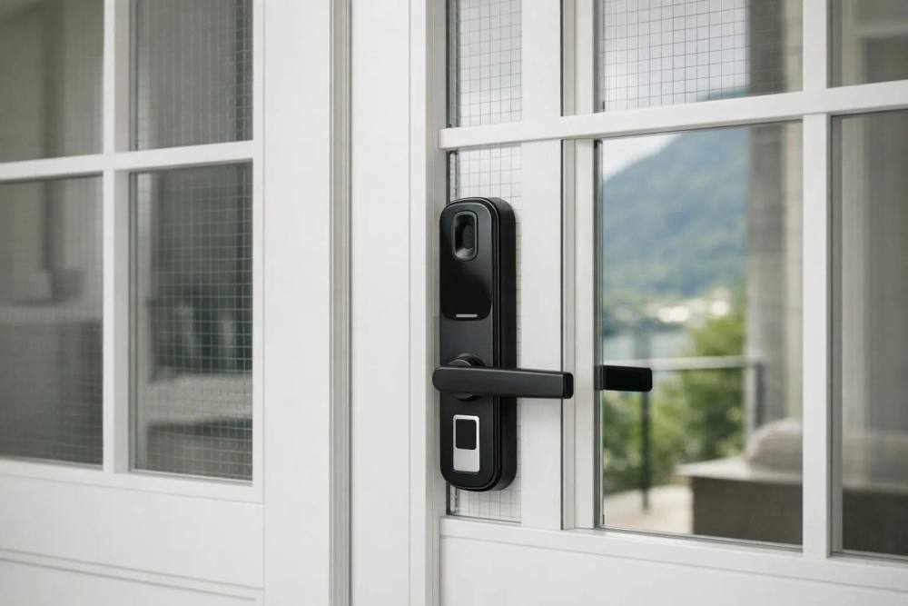 Élégantes portes-fenêtres françaises avec panneaux de verre renforcés et serrure biométrique discrète dans un intérieur de luxe suisse, éclairage naturel mettant en valeur le matériel de sécurité intégré à l'architecture moderne.