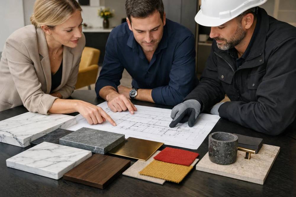 Trois personnes examinent attentivement des plans architecturaux sur une table.