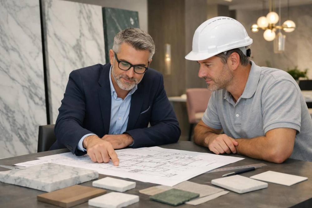 Deux hommes d'affaires examinent attentivement des plans de construction.