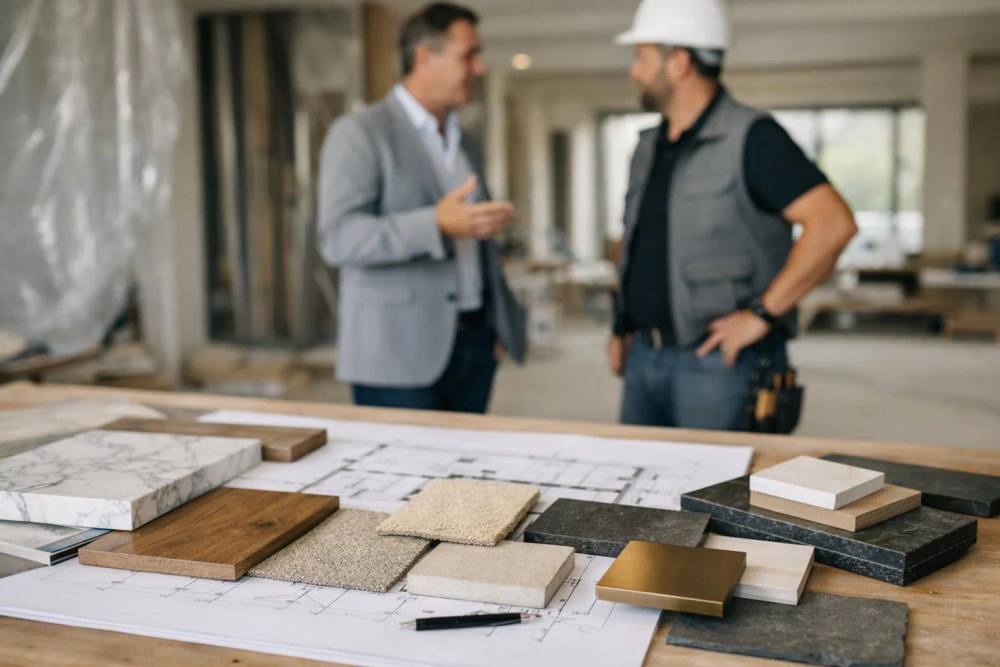 Deux hommes en discussion sur un chantier de construction, avec des échantillons de matériaux.