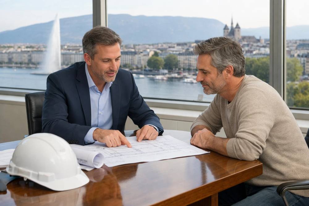Un gestionnaire de construction professionnel en tenue d'affaires examine des plans de rénovation architecturale avec le propriétaire du bien, dans un bureau suisse moderne et lumineux.
