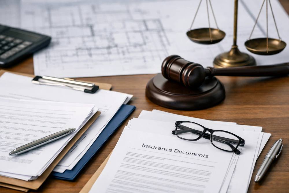 Un professionnel examine des documents contractuels de construction et des papiers d'assurance responsabilité sur un bureau, avec des plans visibles en arrière-plan, représentant la surveillance juridique et la transparence dans les projets de rénovation suisses dans le cadre de BAMO.