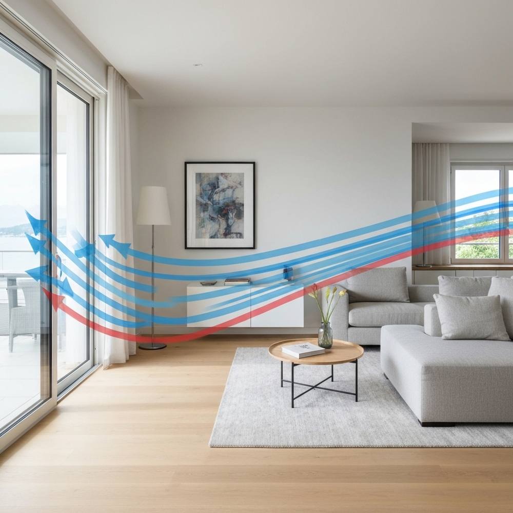 Illustration abstraite et élégante d'un flux d'air pur (lignes bleues) entrant dans un salon de villa moderne sur l'arc lémanique, tandis qu'un flux d'air vicié (lignes rouges estompées) est extrait.