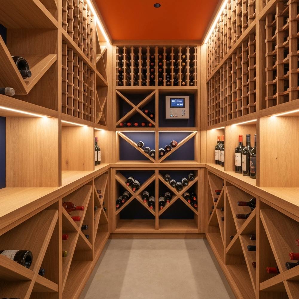 Un cellier à vin haut de gamme avec des étagères en chêne remplies de bouteilles, un éclairage LED intégré sous les étagères, un panneau de contrôle climatique au mur, des accents en métal brossé et un sol en béton poli dans une élégante villa su