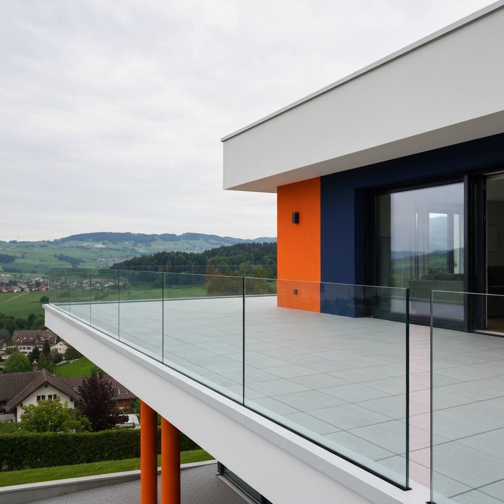 Villa de luxe moderne avec des rampes en verre épuré sur une terrasse surélevée avec vue sur le paysage suisse, montrant une installation de barrière de sécurité professionnelle avec des lignes architecturales épurées.
