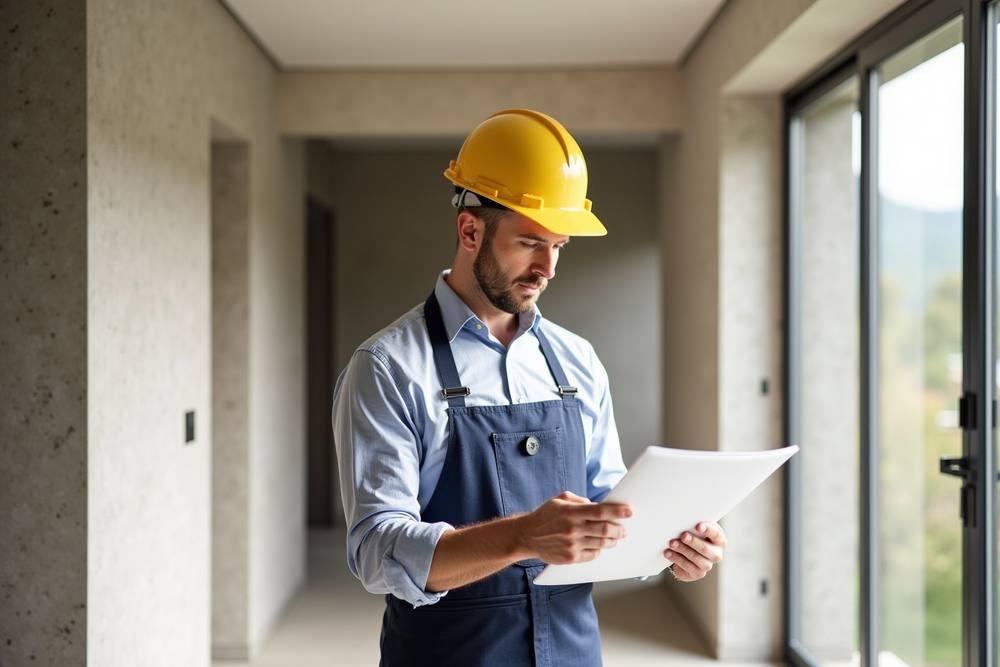Homme en combinaison de travail inspectant des plans dans un chantier de construction.