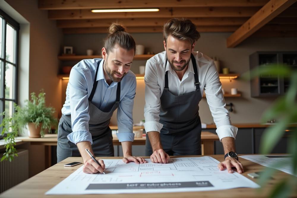 Deux hommes en tablier travaillant sur un plan architectural dans une cuisine moderne.