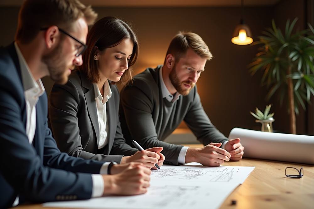 Trois professionnels examinent attentivement des documents sur une table.