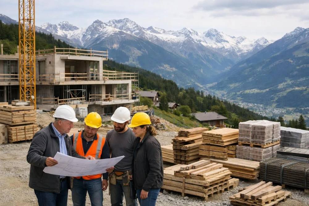 Villa de luxe en construction dans les Alpes suisses, l'architecte examinant les plans avec l'équipe de construction, plans d'architecture modernes visibles, matériaux de construction professionnels empilés, paysage montagneux en arrière-plan, lumière naturelle du jour, style de photographie professionnelle,