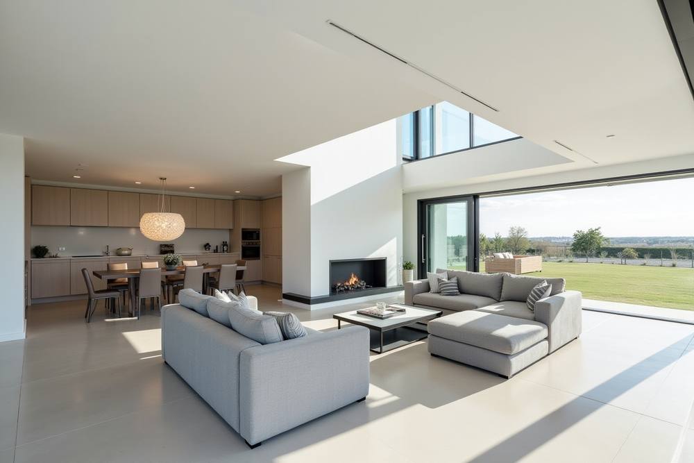 Intérieur moderne et lumineux avec vue sur la nature.
