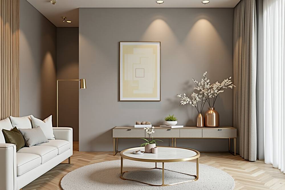 Salon élégant avec mobilier moderne, décorations florales et œuvre d'art abstraite.