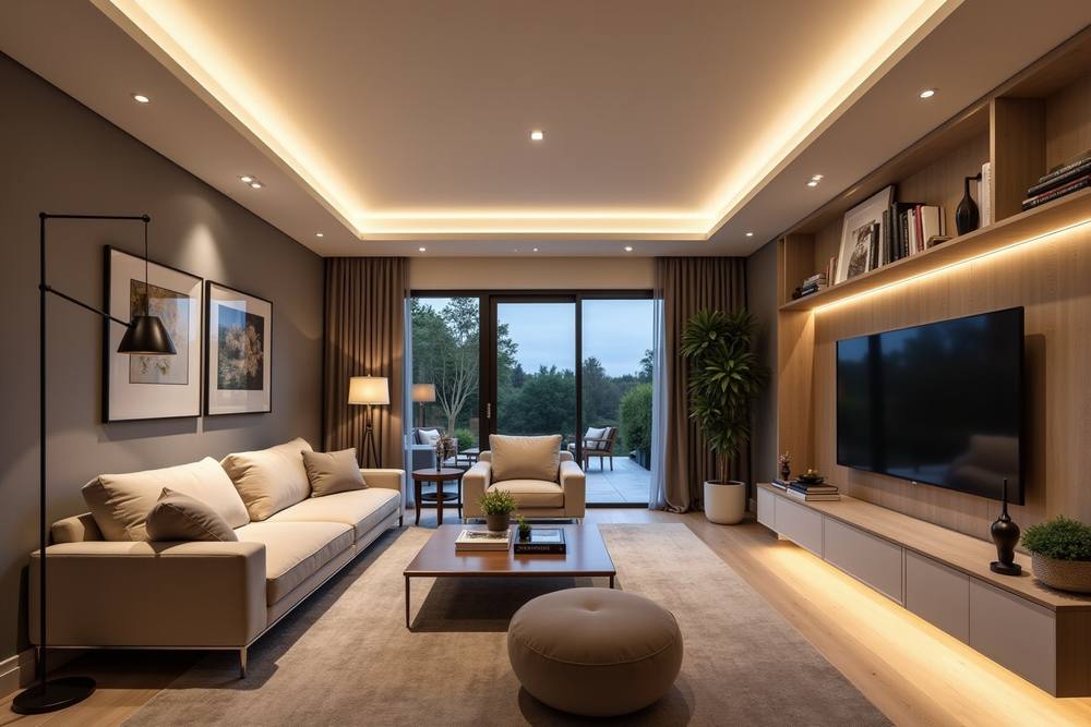 Salon moderne et élégant avec canapé beige, éclairage indirect et vue sur la nature.