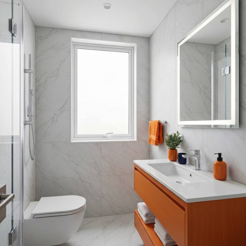[Une petite salle de bain magnifiquement éclairée, avec une grande fenêtre et un éclairage LED intégré autour d'un miroir, utilisant des tons clairs et des matériaux comme le marbre.]